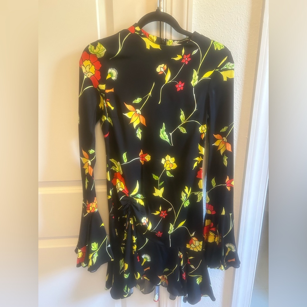 Caroline Constas Black Floral Midi Dress with Red & Yellow Blooms